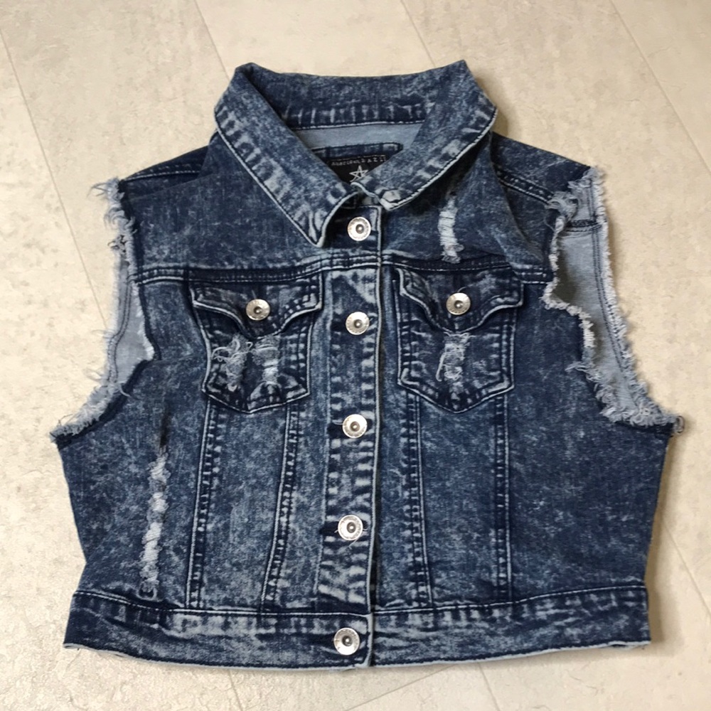 American Bazi Denim Vest Sz L Distressed Acid Wash Jean Jacket Crop Blue
